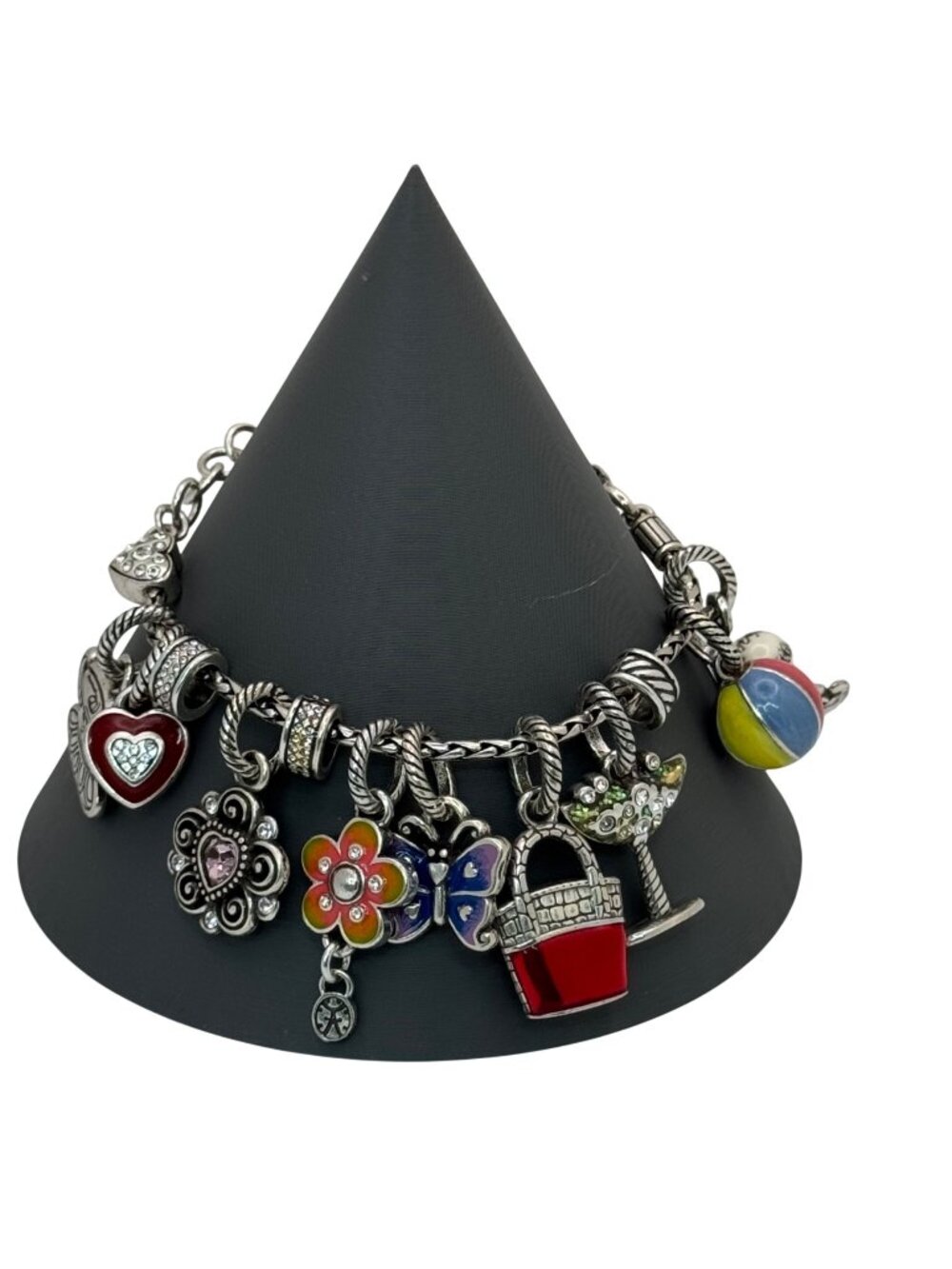 Brighton Silver Charm Bracelet Summer Beach Martini Colorful Enamel Charms 7"